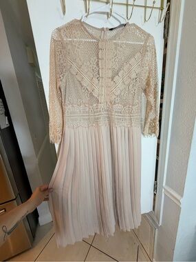 Zara Blush Lace Pleated Long Sleeve Midi Dress